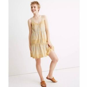 Madewell M Button-Front Tiered Mini Tank Dress AL322 Yellow Gingham Pockets